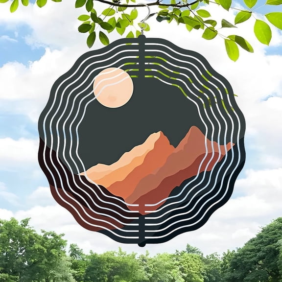 3D Metal Hanging Wind Spinners - Wave Pattern Design with Concentric Lines Mountain Landscape Moon Glow - Perfect for Yard and Garden Decor