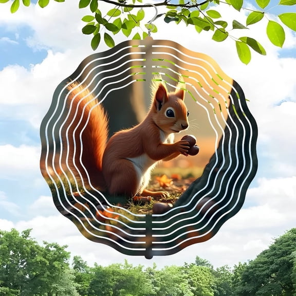 3D Metal Hanging Wind Spinners - Whimsical Spiral Design with Squirrel & Nut - Artistic Garden Wind Chimes for Yard Decor
