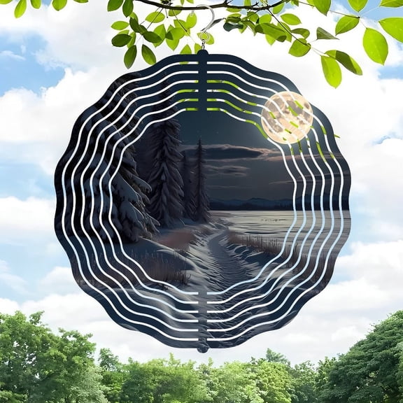 3D Metal Hanging Wind Spinners for Yard & Garden - Serene Winter Landscape Design with Sound Wave Pattern Snow - Covered Trees & Moonlit Pathway - Unique Outdoor Decor