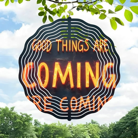 3D Metal Hanging Wind Spinners for Yard & Garden - Vibrant Orange Good Things Are Coming ' Design with Wavy Black Border Perfect for Outdoor Decor