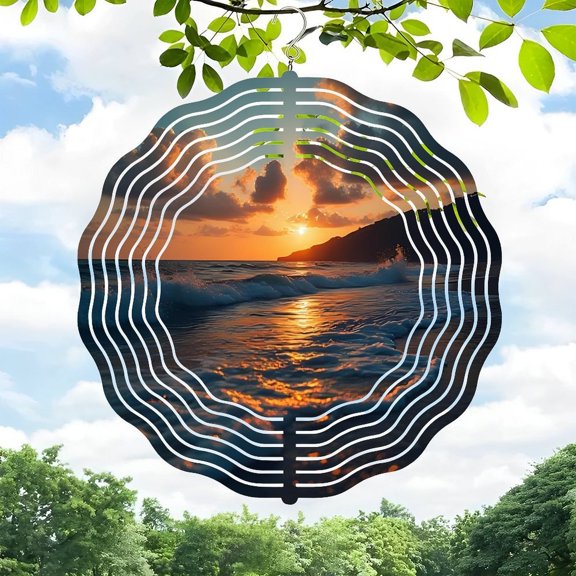 3D Metal Hanging Wind Spinners with Artistic Sound Wave Design - Unique Wind Chimes for Yard and Garden Decor Serene Beach Sunset Vibes