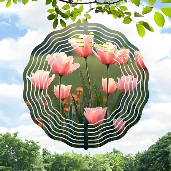 3D Metal Hanging Wind Spinners with Concentric Circle Design - Vibrant Pink Tulips & Green Foliage - Perfect for Yard and Garden Decor