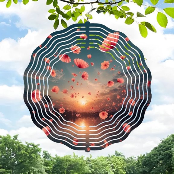 3D Metal Hanging Wind Spinners with Concentric Pattern Design - Beautiful Sunset Scene & Pink Flower Accents for Yard and Garden Decor