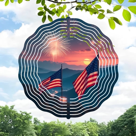 3D Metal Hanging Wind Spinners with Scenic Mountain Sunset Design American Flags & Fireworks - Unique Yard & Garden Wind Chimes for Outdoor Decor