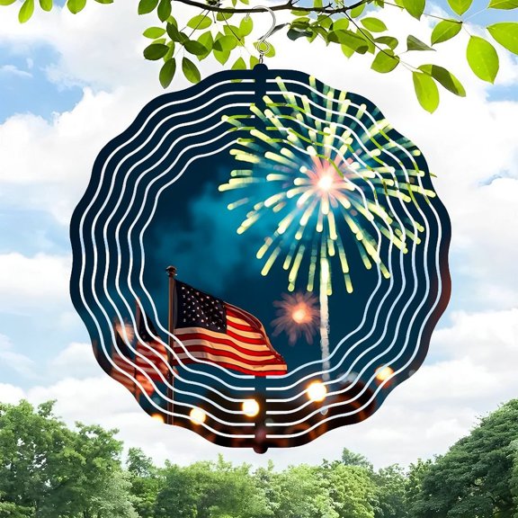 3D Metal Hanging Wind Spinners with Wavy Pattern Design - Perfect for Yard and Garden Decor Featuring Vibrant Fireworks Display and American Flags