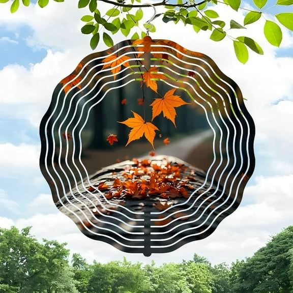3D Metal Hanging Wind Spinners with Wavy Sound Wave Design - Vibrant Autumn Leaves & Serene Outdoor Decor for Yard and Garden