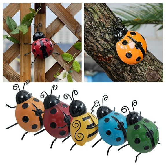3D Metal Ladybugs Garden Decor Outdoor Set - Cute Yard Art Lawn Ornaments & Wall Sculptures for Fence, Patio, Backyard - Rustic Ladybirds Figurines for Tree, Home, Garden Decoration (5PCS)