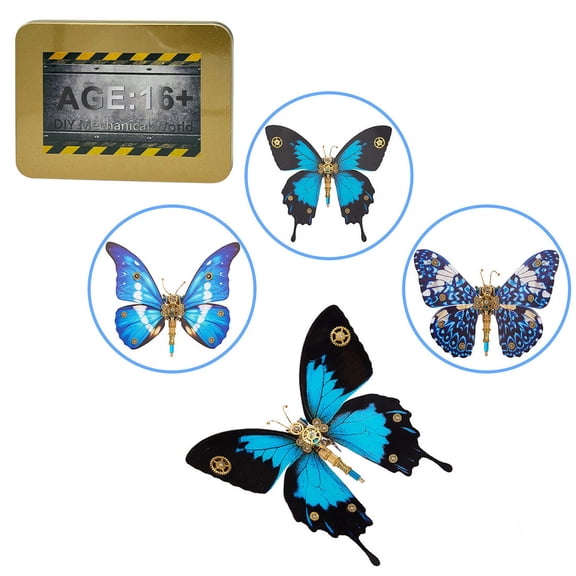 3D Metal Puzzle Mechanical Butterfly Model Kit Brain Teaser DIY Assembly Steampunk Insect Art with Interchangeable Wings Display Collection(200PCS+Blue)