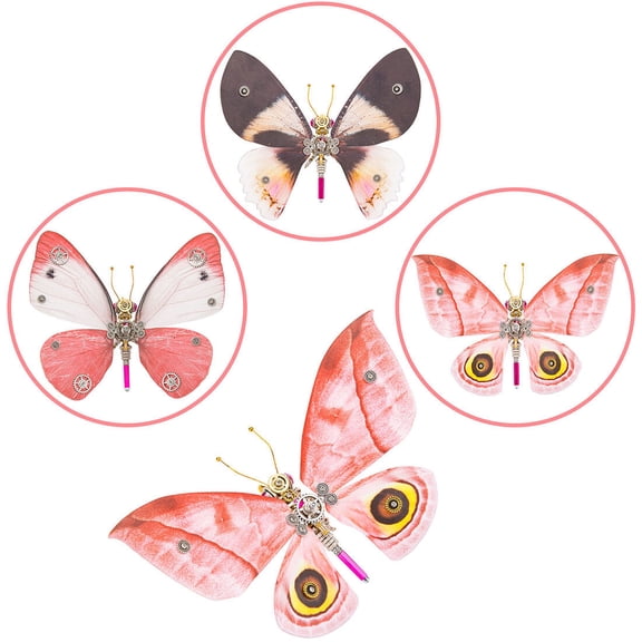 3D Metal Puzzle Mechanical Butterfly Model Kit Brain Teaser DIY Assembly Steampunk Insect Art with Interchangeable Wings Display Collection(200PCS+Pink)