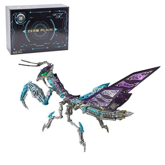 3D Metal Puzzles for Adults, 1000+PCS Steampunk Mechanical Purple Mantis Model Kit with Magnetic LED Lights, Creative Desk Ornament for Home & Office