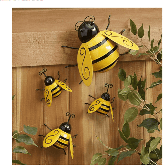 3D Metal Sculpture Art Bee Ornament, Inspirational Wall Decoration for Garden Accents Yard Indoor Outdoor- 4PCS