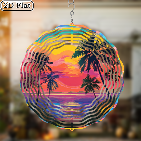 3D Metal Tropical Beach Sunset Wind Spinner Vibrant Palm Tree Ocean Design, Unisex Outdoor Decor Sculpture for Yard Art and Fall Decoration, Outdoor Sculpture Vibrant Garden Art Artistic Design