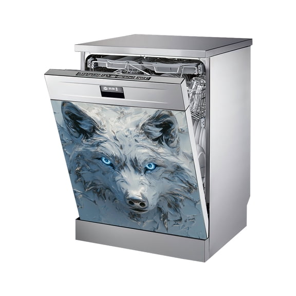 3D Metallic Ice Wolf Magnetic Dishwasher Cover - Blue Eyes Wolf Head Kitchen Decor, Removable Magnetic Dishwasher Door Decal, Fits Most Standard Dishwashers