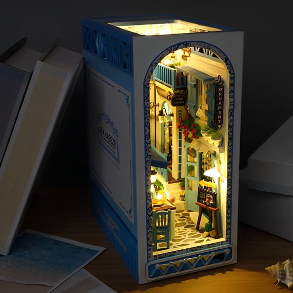 3D Miniature Library Book Nook, DIY Wooden Bookshelf Insert with Sensor Light and Detailed Decor