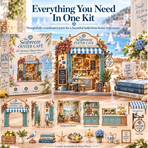 3D Miniature Seabreeze Oyster Cafe Kit, DIY Wooden Book Nook Seaside Cafe Model, Handcraft Assembly Shadow Box Kit for Adults Hobby & Display