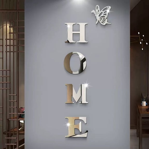 3D Mirror HOME Wall Decor with Butterfly, 39.37" x 6.96" Silver Acrylic Mirror Wall Art Stickers, Removable Home Sign Wall Decals for Living Room Bedroom