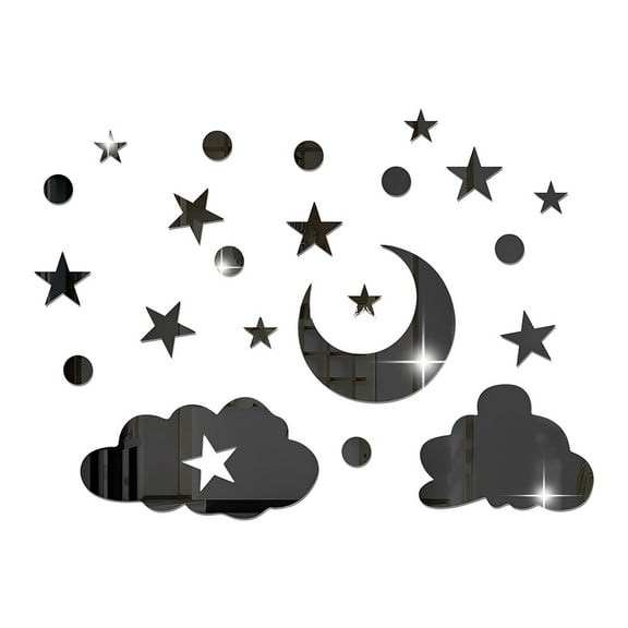3D Mirror Sticker Decor Wall Decorative Stickers Stars Moon Clouds Acrylic Mirror Wall Decals for Children Room Wall Door Shelf Decoratio Black