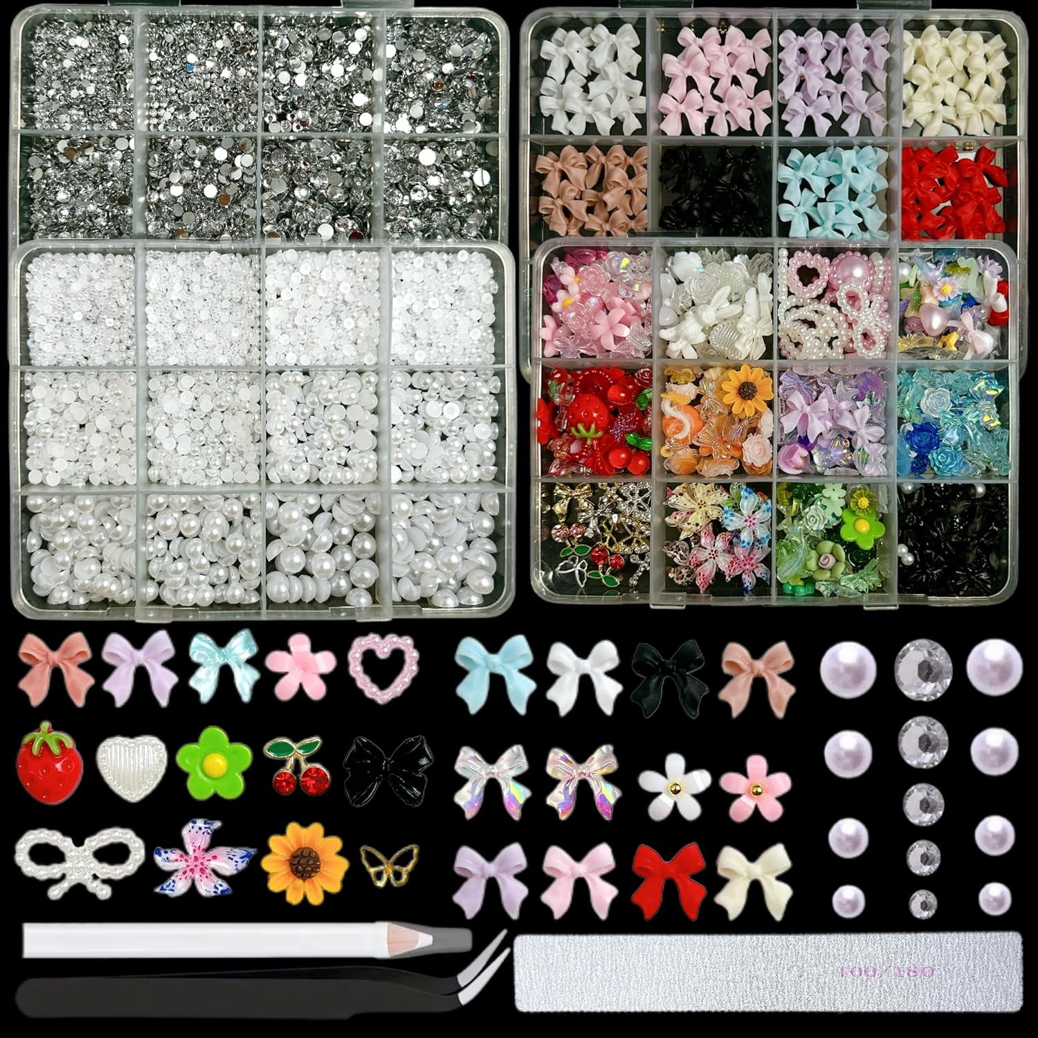3D Mix Bow Nail Charms and Gems, Colorful Flowers Butterfly Rhinestones ...