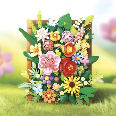 3D Mixed Flower Wall Art Building Blocks Set, Botanical Floral Frame Decor Model, Creative Birthday Gift, Home Office Table Centerpiece