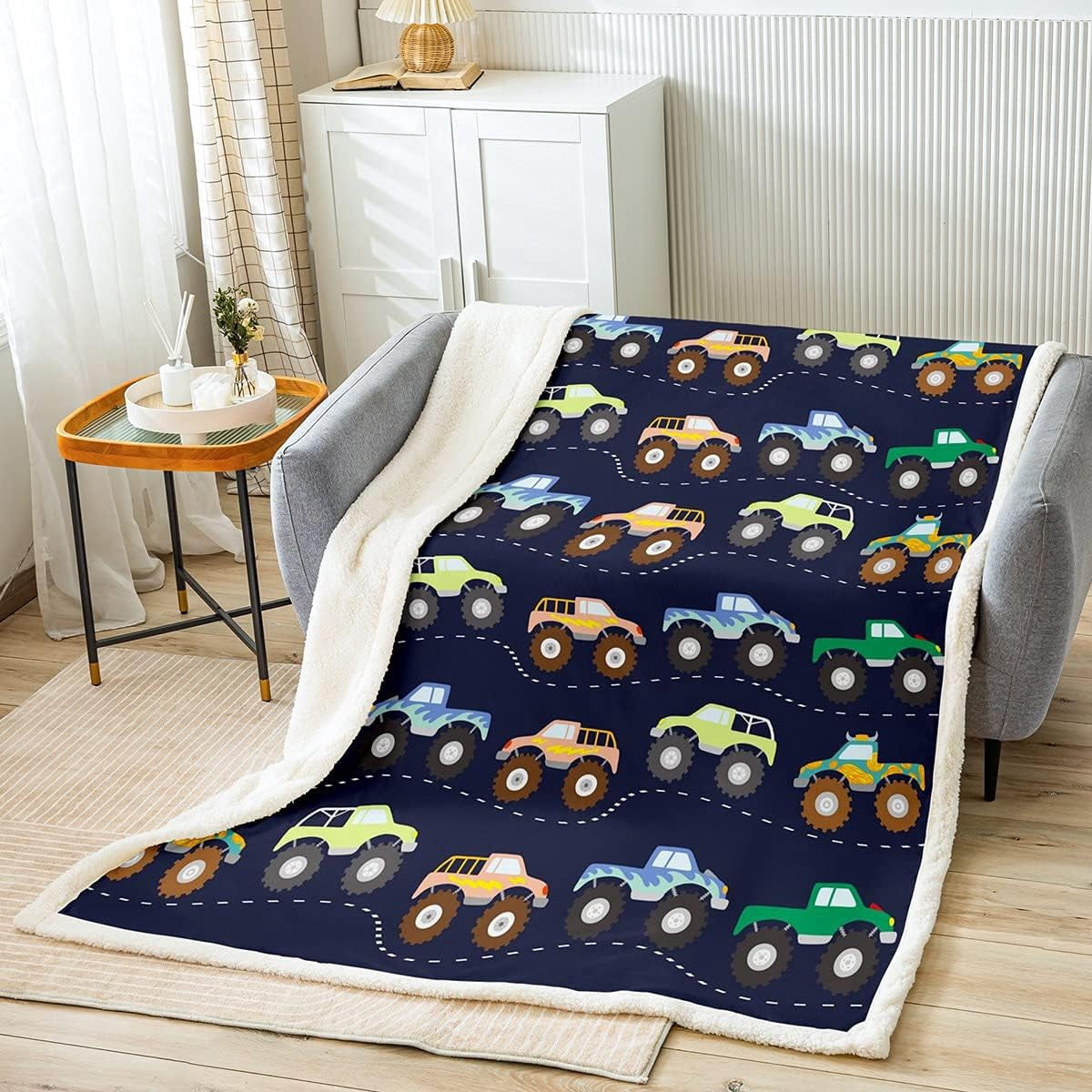 3D Monster Truck Fleece Throw Blanket Boys Cars Sherpa Blanket for Kids Girls Teens Freestyle Monster Truck Decor Fuzzy Blanket for Sofa Bed Couch Blue,Throw 50x60 Inches