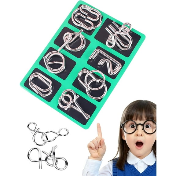 3D Montessori Metal Puzzle Solving, 8PCS Metal Brain Teaser Puzzles, Reverse Thinking Physics Mind Games, Metal Puzzle Ring Disentanglement Set with Carry Pouch for Party Challenge (T)
