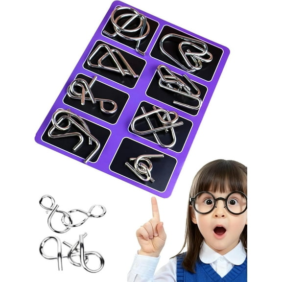 3D Montessori Metal Puzzle Solving, 8PCS Metal Brain Teaser Puzzles, Reverse Thinking Physics Mind Games, Metal Puzzle Ring Disentanglement Set with Carry Pouch for Party Challenge (Y)