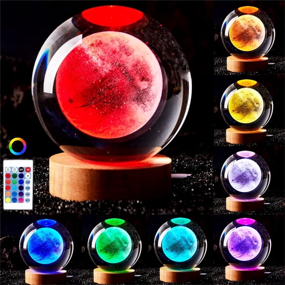3D Moon Crystal Ball Lamp,3.15 inch Crystal Ball Night Light with Wooden Base,16 Colors Changing Light,Dimmable Remote Control,Desk lamp (F)