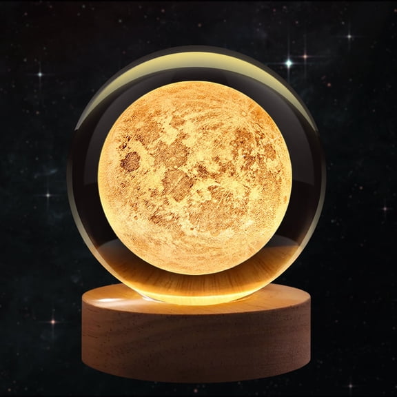 3D Moon Crystal Ball Night Light - LED Light Hologram Glass Lamp w/ Solid Wood Base, USB Powered Crystal Ball Lamp w/ Adjustable Brightness for Home Decor Display Gift, 3.15 inch (80mm)