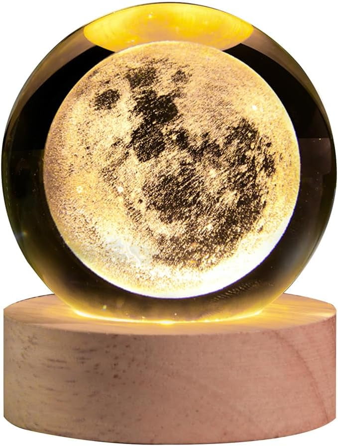 3D Moon Crystal Ball Night Light with LED Stand, Crystal Moon Figurine Lamp Decoration Glass Sphere Paperweight Decorative Balls(2.4 in)