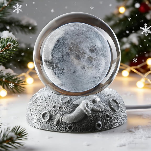 3D Moon Crystal Ball with LED Stand Glow Resin Base 60mm Glass Ball Night Lamp Indoor Figurine Lamps for Home Decor (Only USB Power)