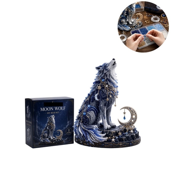 3D Moon Wolf DIY Bead Craft Kit, Complete Handmade Howling Wolf Figurine Beading Supplies Set, Star Moon Blue Crystal Bead Making Kit for Adults Hobby Home Decor Gift