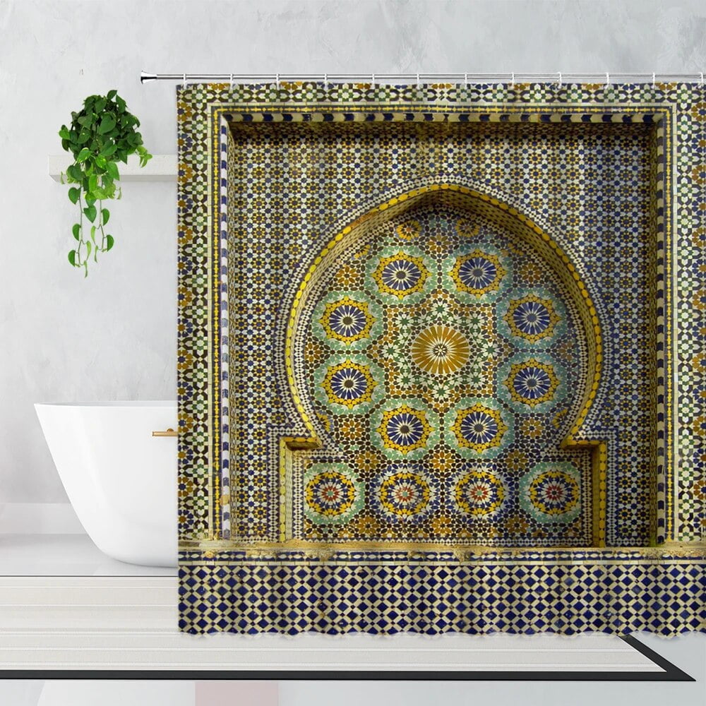 3D Moroccan Shower Curtain Aged Gate Geometric Pattern Doorway Design