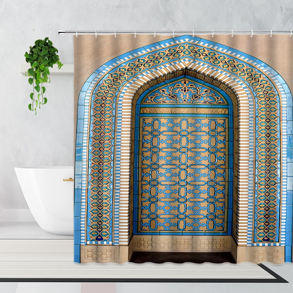 3D Moroccan Shower Curtain Aged Gate Geometric Pattern Doorway Design Entrance Architectural