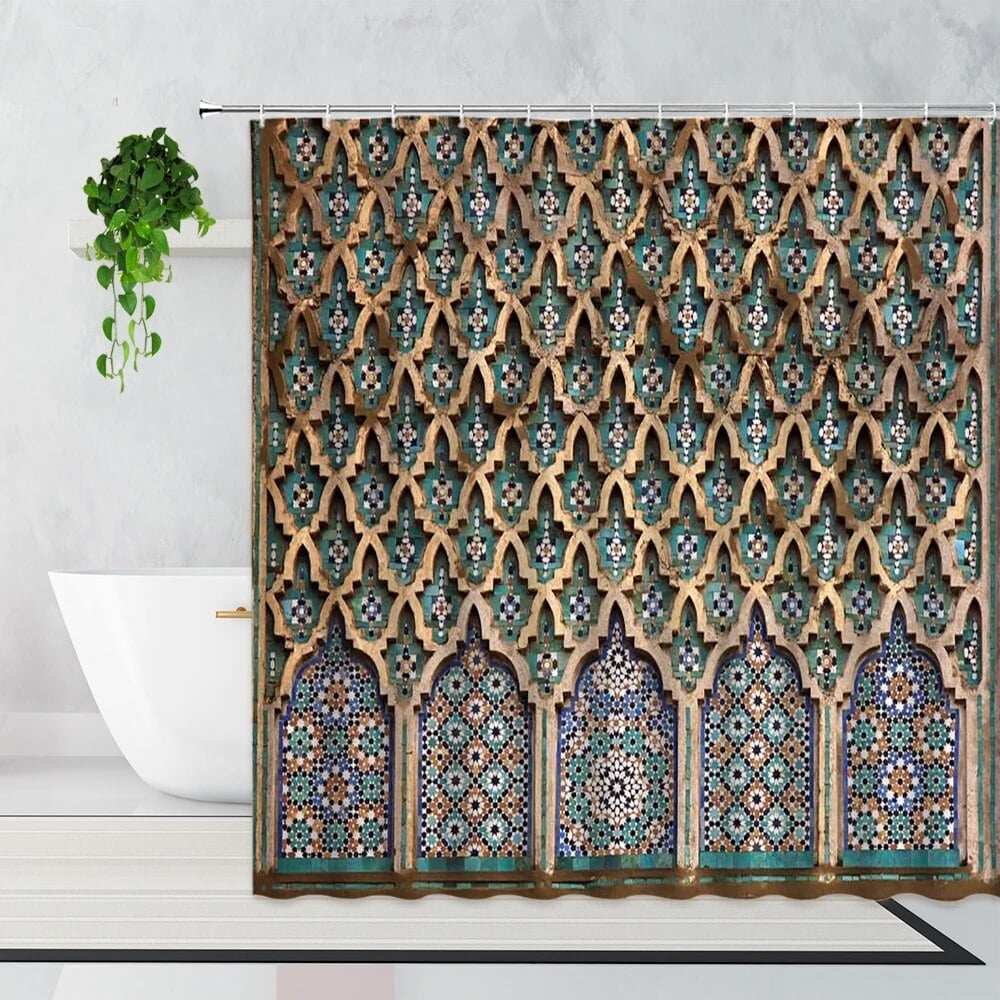 3D Moroccan Shower Curtain Aged Gate Geometric Pattern Doorway Design
