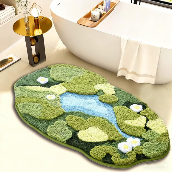 3D Moss Bath Mat - Ultra Thick & Soft, Water Absorbent, Non-Slip Bathroom Rug for Shower Floor, Bedroom Decor | Moss Green, Oval (20"x32")