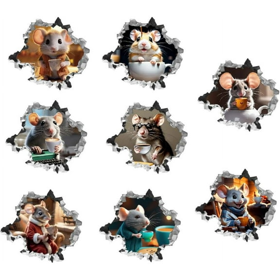 3D Mouse Hole Realistic Wall Sticker Mouse Coffee Decal Kids Room Wall Decor Sticker Funny Animal Peel and Stick Stickers Decal for Children Room Kitchen Home Bedroom Classroom Plastic