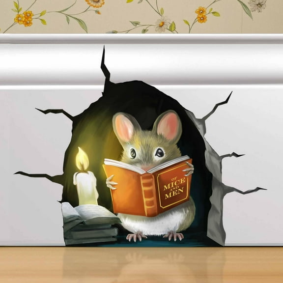 3D Mouse Reading Book in Mouse Hole, Cracked Wall, Decal Sticker, Removable Wall Decor, Book Lover Gift Idea, Baseboard, Wall Sticker Decal