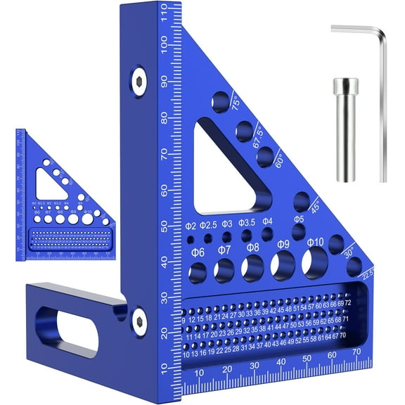 3D Multi Angle Measuring Ruler Aluminum Alloy Metric Woodworking Square Ruler Square Hole Scribing Ruler Portable 22.5°-90° Triangle Ruler Scriber Drawing Line Ruler for Measuring