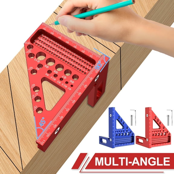 3D Multi Angle Measuring Ruler Aluminum Alloy Metric Woodworking Square Ruler Square Hole Scribing Ruler Portable 22.5°-90° Triangle Ruler Scriber Drawing Line Ruler for Measuring