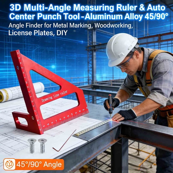 3D Multi-Angle Measuring Ruler & Auto Center Punch Tool - Aluminum Alloy 45/90 Angle Finder for Metal Marking, Woodworking, License Plates, DIY