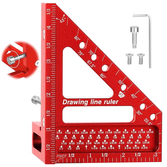 3D Multi-Angle Measuring Ruler, Precision Woodworking 3D Square Protractor 22.5-90 Degree and Miter Triangle Ruler, Aluminum Alloy Drawing Line Ruler for Engineer Carpenter and Craftsmen Red