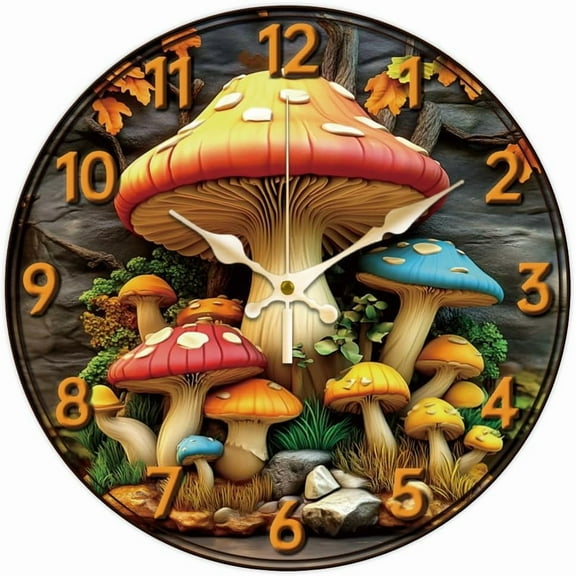 3D Mushrooms Wall Clock Trees Non-Ticking Clock 12 Inch Round Decorative Clocks Printed Wall Clocks for Home Office Decoration