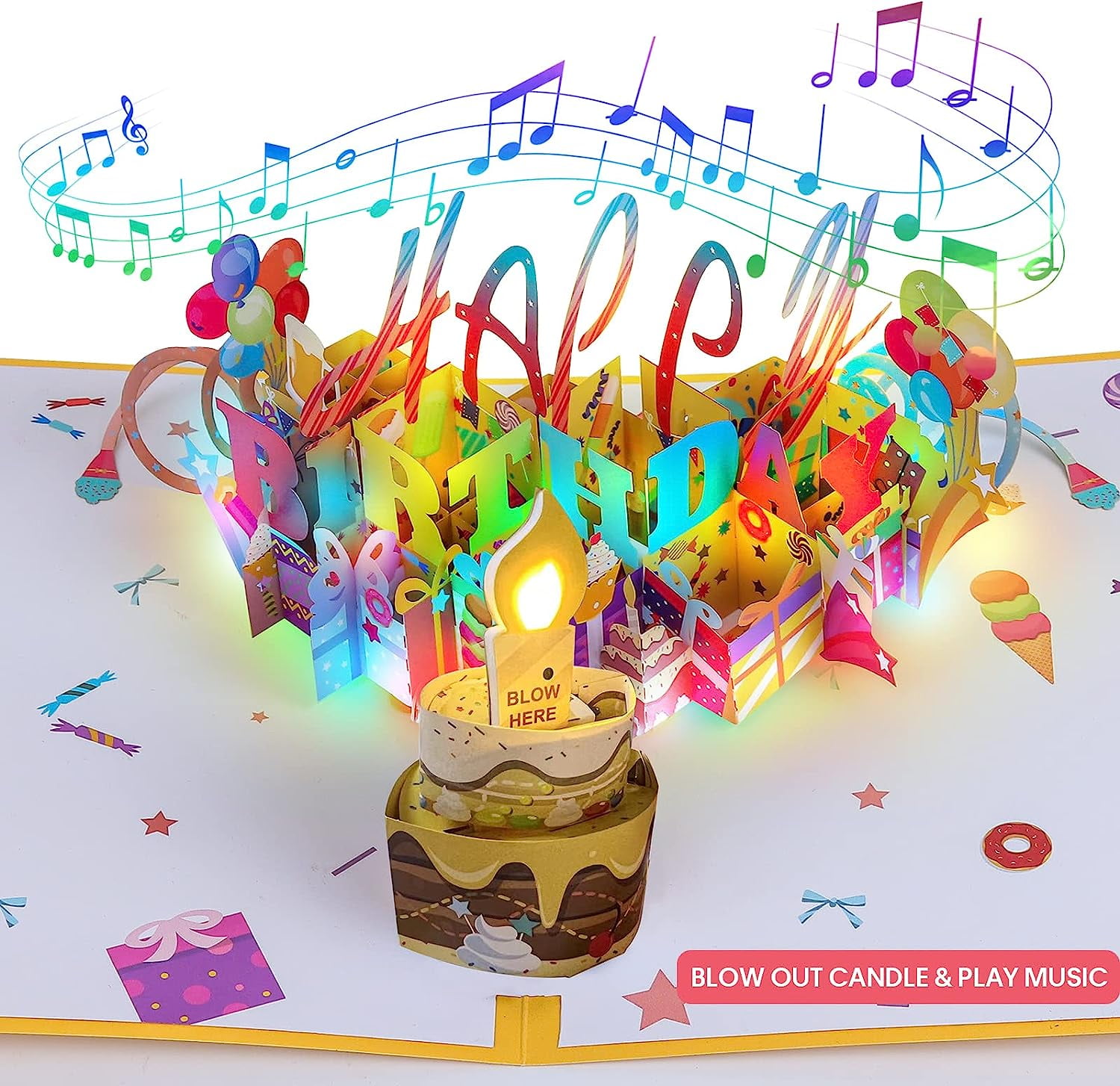 3D Musical Birthday Popup Card, Blowable/Blow Out LED Light Candle and Play Happy Music for Kids Men Women