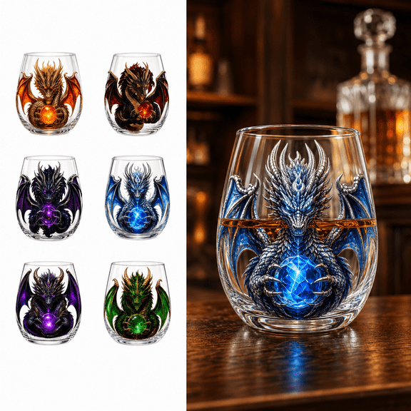 3D Mythic Dragon Glass Cup C Style Fantasy Crystal Orb Whiskey Glass, Unique Dragon Drinkware with 3D Fantasy Art Design, Stemless Cocktail Glass for Whiskey Bourbon Drinks & Bar Decoration
