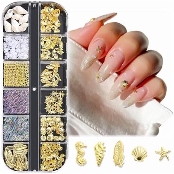 3D Nail Art Charms 12 Style Gold Seashell Starfish Seahorse Feather Charm Mini Pearl Bubble Nail Rivet Beads with Tweezer for Summer Ocean Hawaii Decor DIY Manicure Design