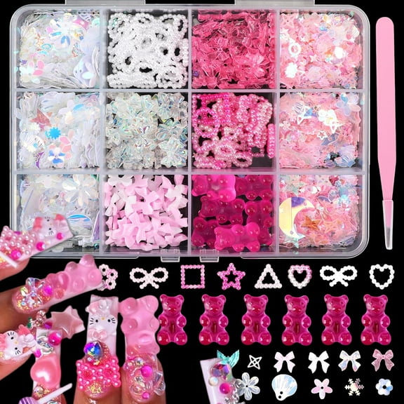 3D Nail Art Charms Bulk Set - 200+PCS Assorted Designs (Gummy Bear, Butterfly, Bow, Heart Stars) for DIY Manicure Professional Salon Supplies Long-Lasting Resin Decorations