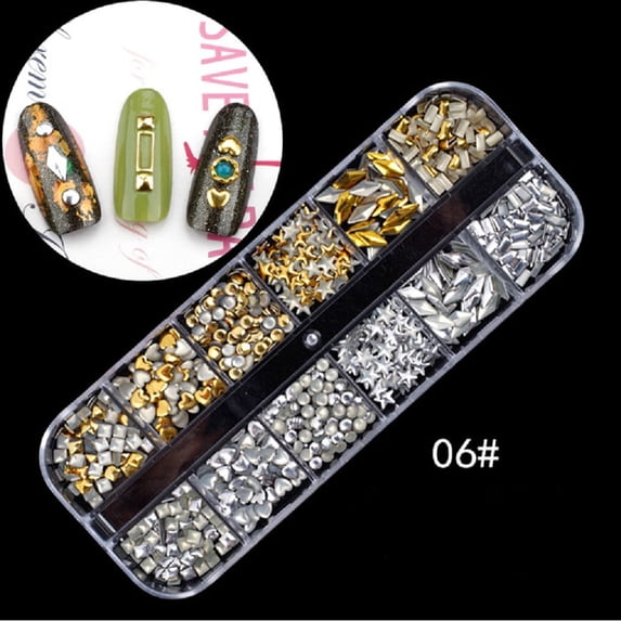 3D Nail Art Decoration Set – 12-Grid Rhinestone & Stud Collection with Acrylic Tips for Creative Nail Designs TIKA