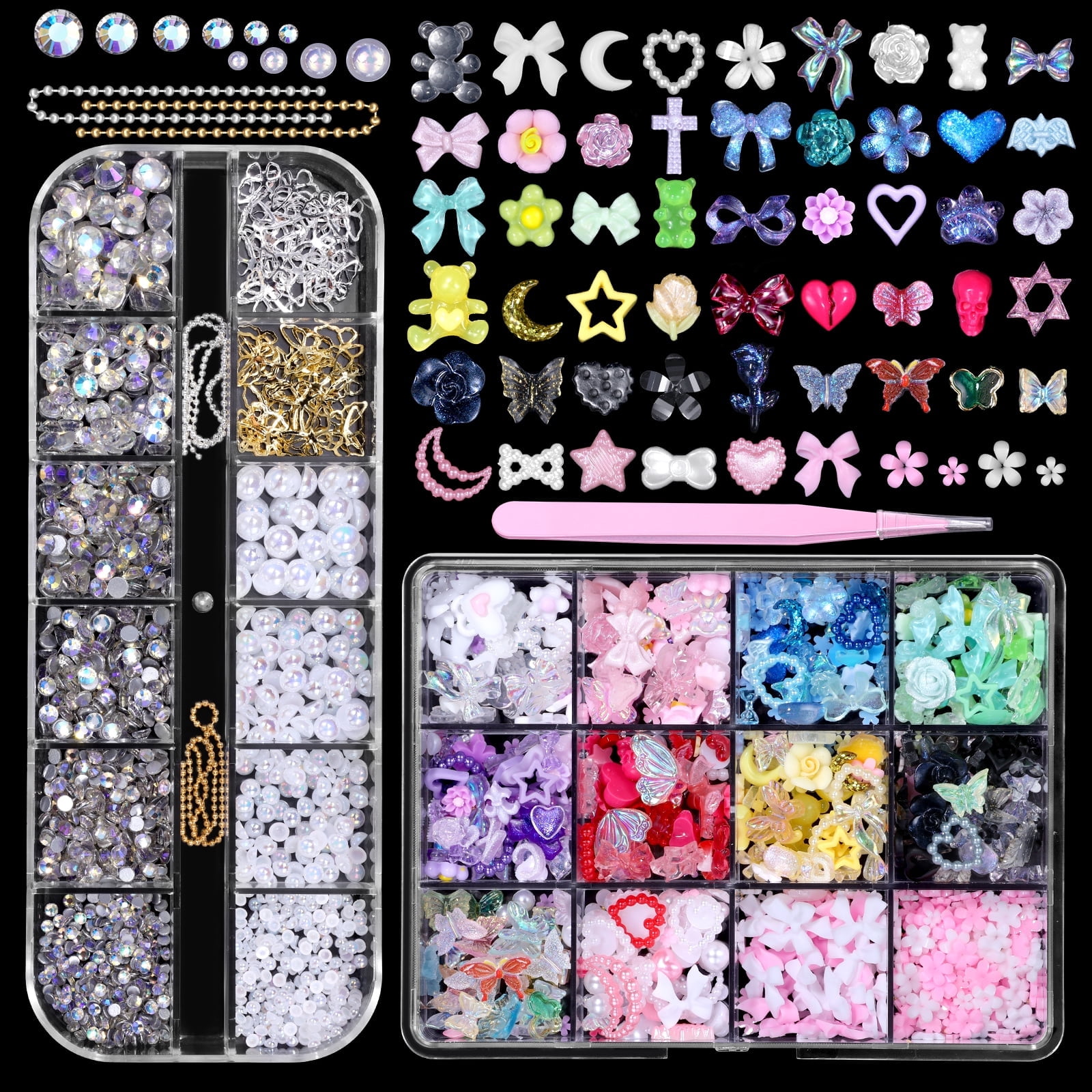 2 Boxes 3D Nail Charms Set, Color Butterfly Blossom Flower Bow Moon Heart Star Nail Art Charms, Half Round Pearl+Flatback Gems AB+Hollow Butterfly Alloy Nail Charms DIY Nail Art Supplies Accessories