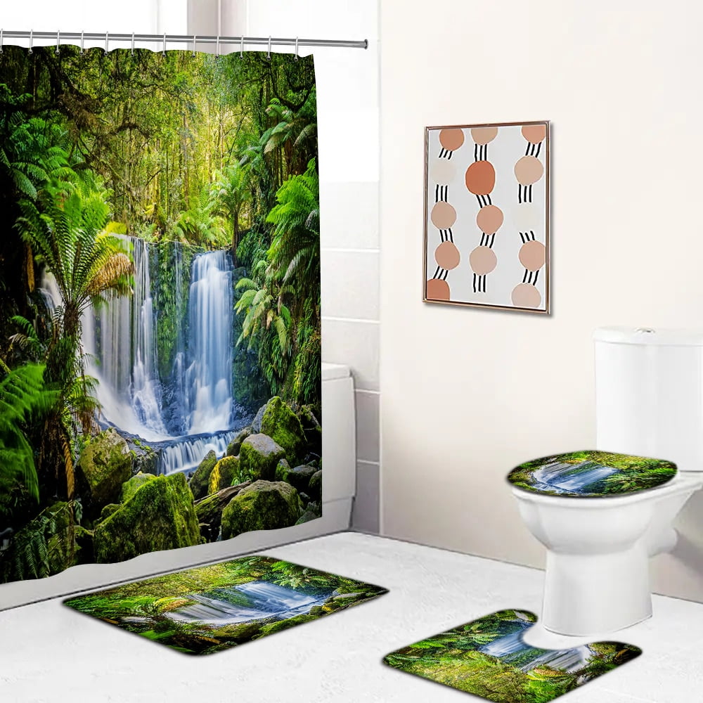 3D Natural Forest Toilet Cover Bath Mat Sets Waterfall landscape Print ...