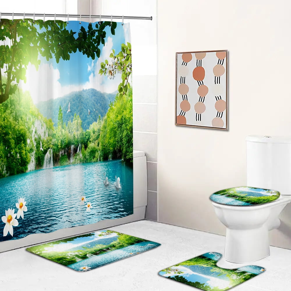 3D Natural Forest Toilet Cover Bath Mat Sets Waterfall landscape Print ...